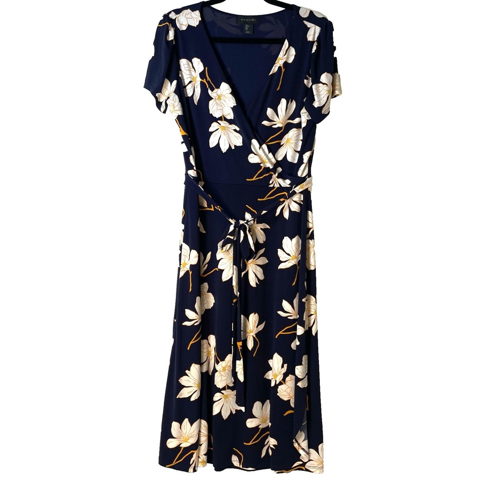 Tahari Women's Dress Large Short Sleeve V-Neck Floral Party Wrap Knee Length - Picture 2 of 8